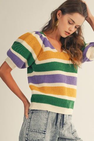 Mardi Gras Puffy Sleeves V Neck Sweater