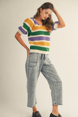 Mardi Gras Puffy Sleeves V Neck Sweater
