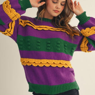 Mardi Gras Ruffled Soft Puff Sweater