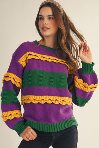 Mardi Gras Ruffled Soft Puff Sweater