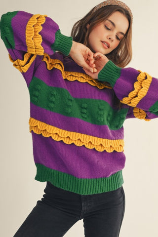 Mardi Gras Ruffled Soft Puff Sweater