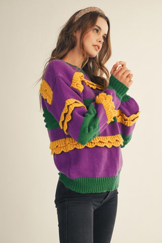 Mardi Gras Ruffled Soft Puff Sweater
