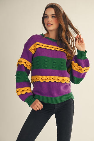 Mardi Gras Ruffled Soft Puff Sweater