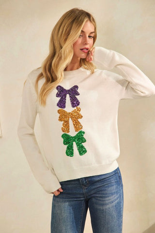 Sequin Bows Mardi Gras Sweater