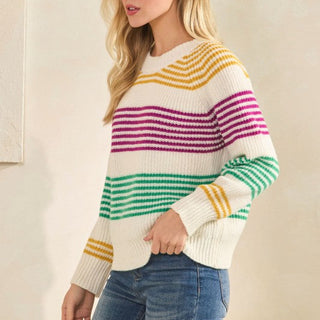 Mardi Gras Striped Ribbed Kint Crewneck Sweater