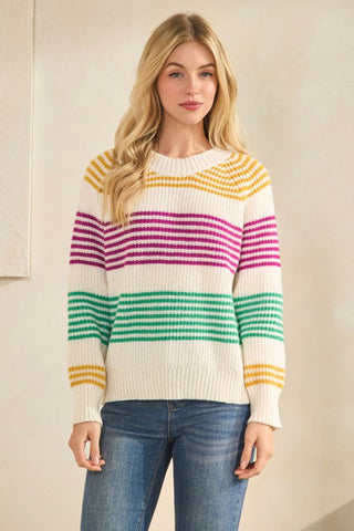 Mardi Gras Striped Ribbed Kint Crewneck Sweater