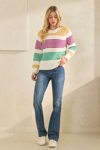 Mardi Gras Striped Ribbed Kint Crewneck Sweater