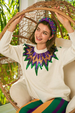 Sequin Mardi Gras Collar Sweater