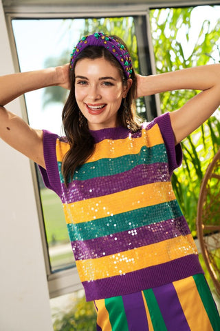 Mardi Gras Glitter Striped Sleeveless Sweater