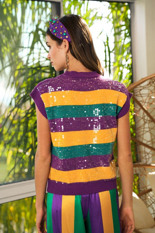 Mardi Gras Glitter Striped Sleeveless Sweater