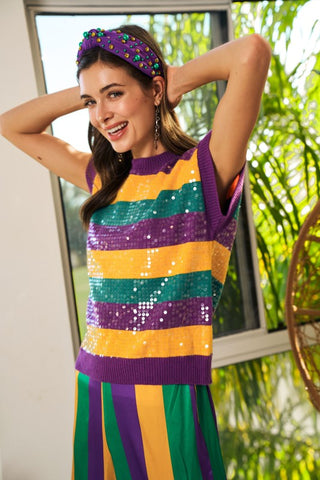 Mardi Gras Glitter Striped Sleeveless Sweater