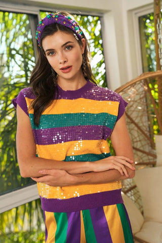 Mardi Gras Glitter Striped Sleeveless Sweater