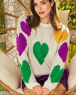 Pearl Hearts Mardi Gras Soft Sweater
