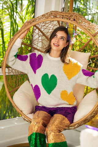 Pearl Hearts Mardi Gras Sweater