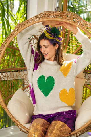 Pearl Hearts Mardi Gras Sweater