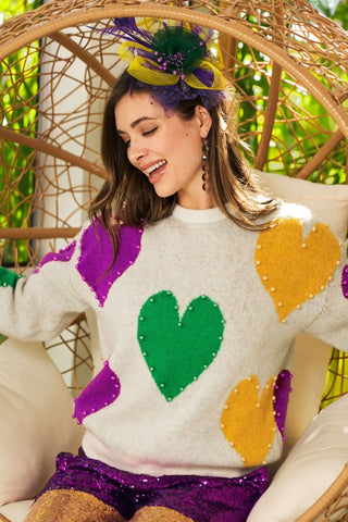 Pearl Hearts Mardi Gras Sweater