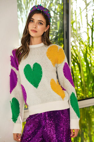 Pearl Hearts Mardi Gras Sweater