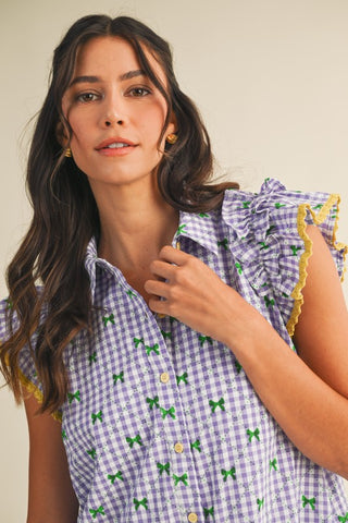 Mardi Gras Bow Seersucker Button Down Mini Dress -