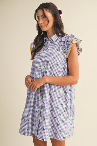 Mardi Gras Bow Seersucker Button Down Mini Dress -