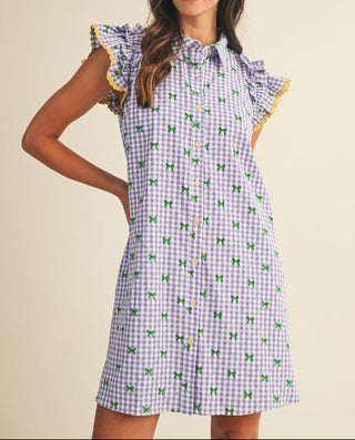 Mardi Gras Bow Seersucker Button Down Mini Dress