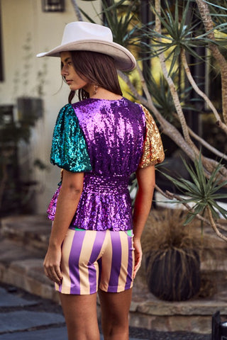 Mardi Gras Sequin Bow Front Top