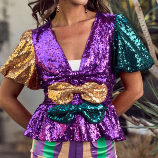 sequin bow front mARDI GRAS TOP