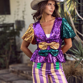 Mardi Gras Sequin Bow Front Top