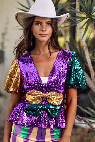 Mardi Gras Sequin Bow Front Top
