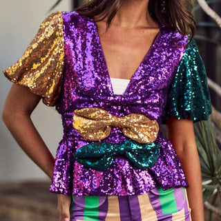 sequin puff sleeve bow front mardi gras top