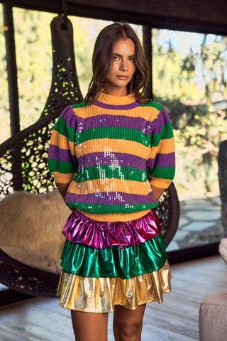 Mardi Gras Stripe Sequin Half Sleeves Top -