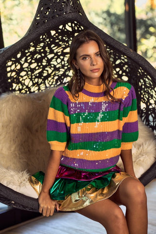 Mardi Gras Stripe Sequin Half Sleeves Top -