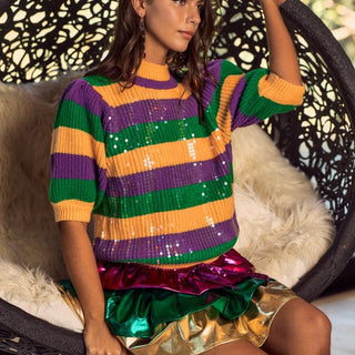 Mardi Gras Stripe Sequin Half Sleeves Top -