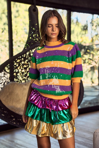 Mardi Gras Stripe Sequin Half Sleeves Top -