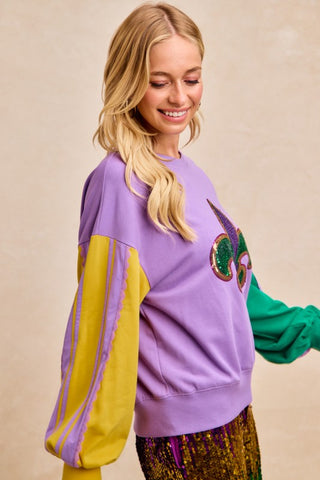 Mardigras Theme French Terry Color Block Lace Top