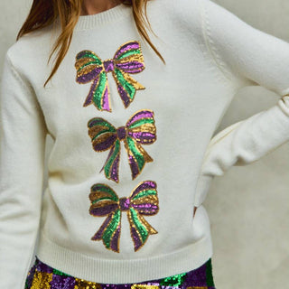 Mardi Gras  sequin bow sweater
