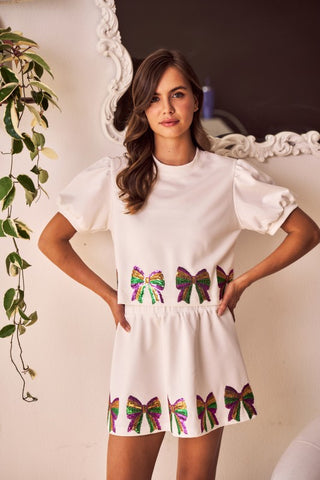 Mardi Gras Two Piece Sequin Bow Skort Set