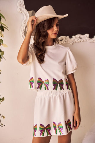 Mardi Gras Two Piece Sequin Bow Skort Set