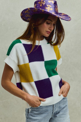 Mardi Gras Check Plaid Casual Sweater Top