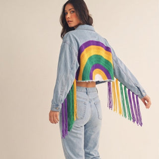 Mardi Gras Crochet Rainbow Fringe Denim Jacket