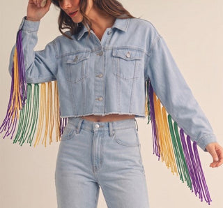 Mardi Gras Crochet Rainbow Fringe Denim Jacket