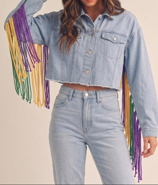 Mardi Gras Crochet Rainbow Fringe Denim Jacket