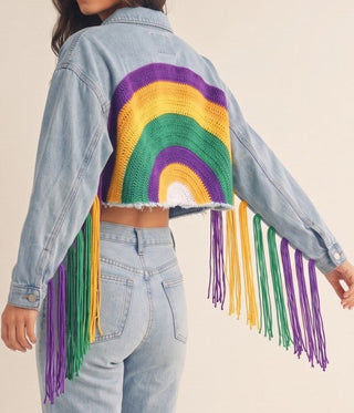 Mardi Gras Crochet Rainbow Fringe Denim Jacket
