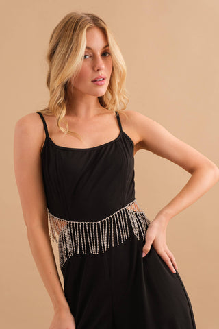 Rhinestone Fringe Cut Out Side Open Back Jumpsuit
