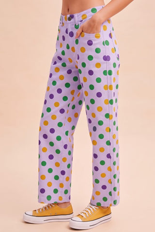 Mardi Gras Polka Dot Print Cotton Straight Pants