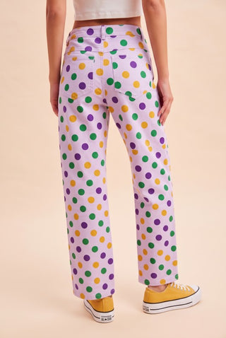Mardi Gras Polka Dot Print Cotton Straight Pants