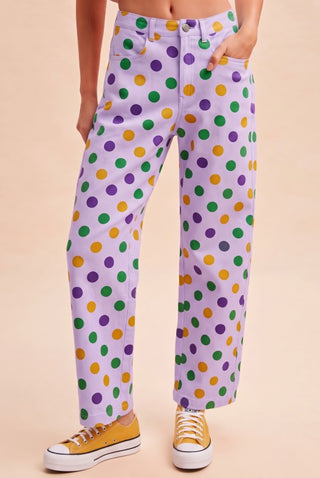 Mardi Gras Polka Dot Print Cotton Straight Pants