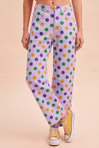 Mardi Gras Polka Dot Print Cotton Straight Pants