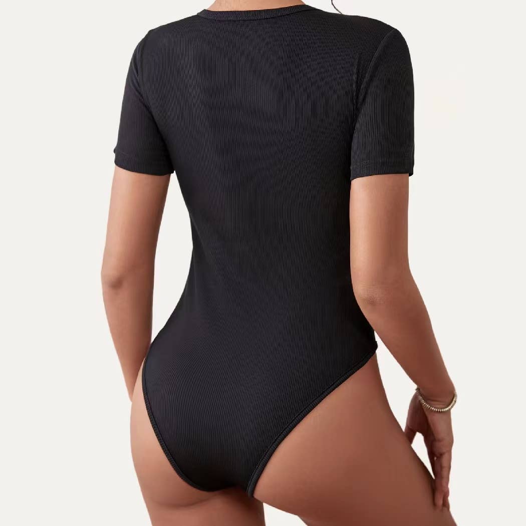 Stretchy Round Neck Ribbed Knit Short Sleeves Bodysuit