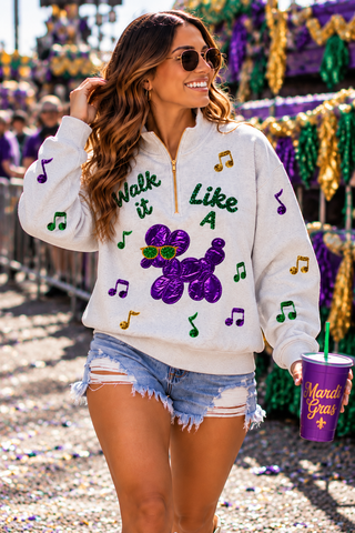 Mardi Gras Walk it Like a Dog Sequin Quarter Zip Sweatshirt