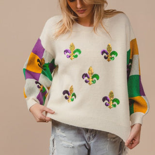 Sequin Embroidery Mardi Gras Checker Sweater Top